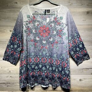 New Directions Tunic Top Shirt Women’s 1X Petite Burnout 3/4 Sleeve Mandala Boho